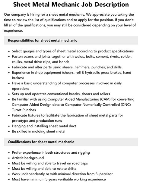 sheet metal mechanic salary|sheet metal mechanic job description.